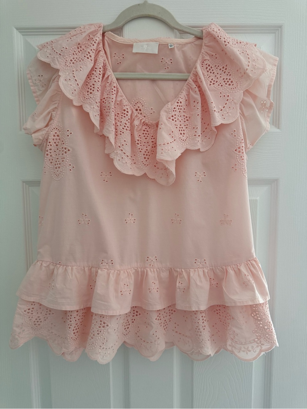 7 For All Mankind Eyelet Ruffle Blouse Women’s L 100% Cotton - Picture 2 of 7